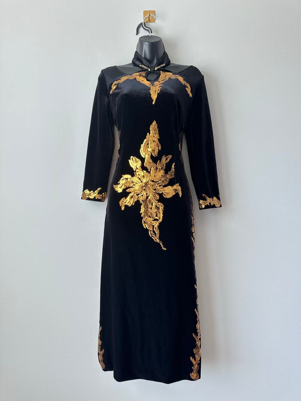 Vintage 90s Black Velvet Gold Sequin Midi Dress Dark Romantic Gothic Evening S